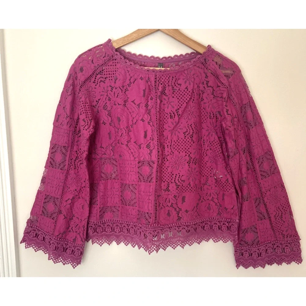 Anthropologie Long Sleeve Lace Patches Blouse XS Lavender‎ Pink